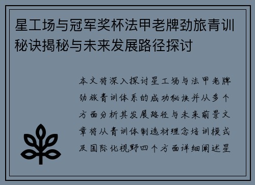 星工场与冠军奖杯法甲老牌劲旅青训秘诀揭秘与未来发展路径探讨
