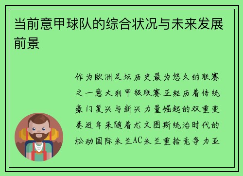 当前意甲球队的综合状况与未来发展前景