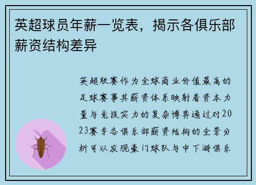 英超球员年薪一览表，揭示各俱乐部薪资结构差异
