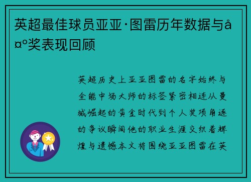 英超最佳球员亚亚·图雷历年数据与夺奖表现回顾